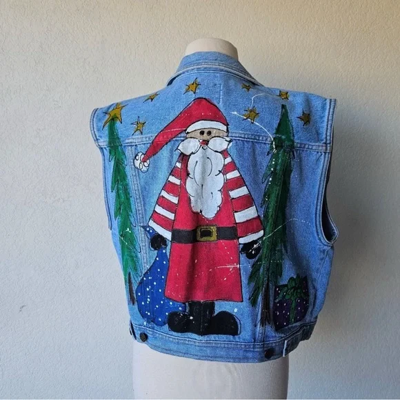 Sun Belt Denim Vintage 90s Womens Denim Vest Christmas Santa Handpained L Large - Picture 1 of 5